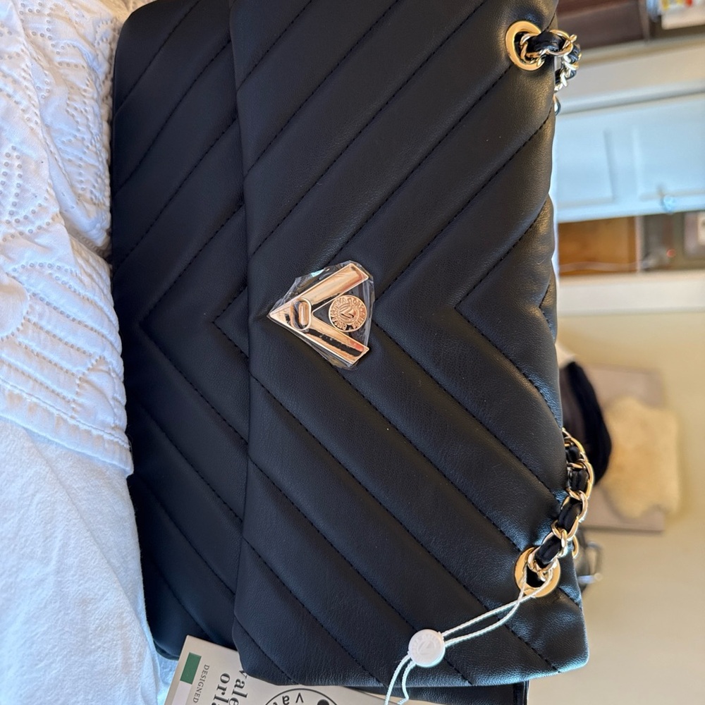 Valentino Orlandi Black Chevron Quilted Shoulder Bag with Gold Hardware